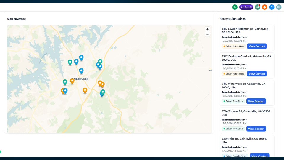 Driving4Dollars map coverage and recent submissions inside GoHighLevel